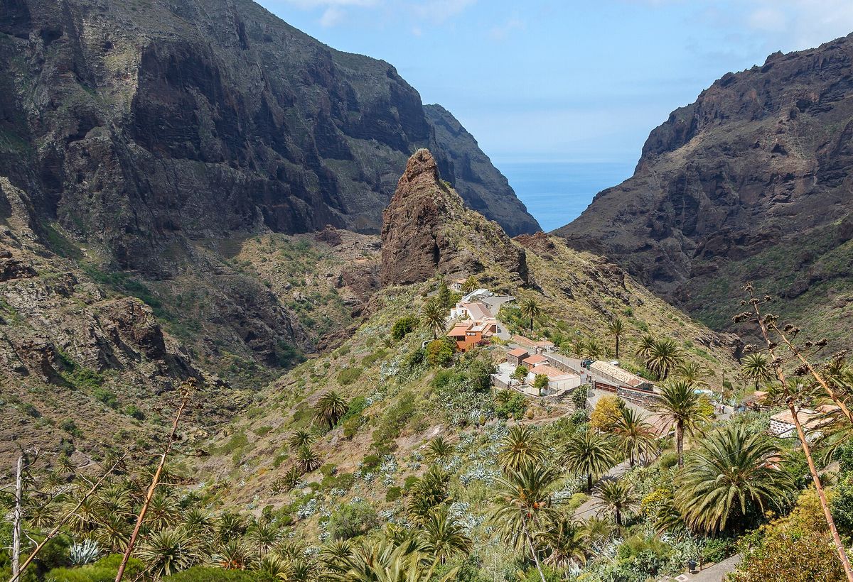 Landsbyen Masca ligger på en rygg blant palmer under en klippespir, med den mørke kløften som åpner seg mot havet i Teno-massivet på Tenerife.